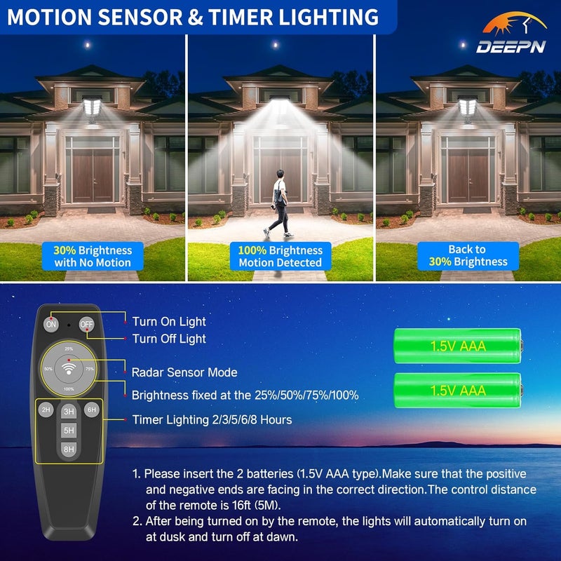Deepn Solar Lights Outdoor, IP66 Waterproof Street Lights Outdoor, 6500K Dusk to Dawn Solar Security Flood Lights Motion Sensor with Remote Control for Yard, Entryway Garage, Porch 2 Pack - Image 5